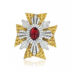 David Webb DAVID WEBB MALTESE CROSS PLATINUM 18K YELLOW GOLD DIAMONDS CABOCHON RUBY - 1756926