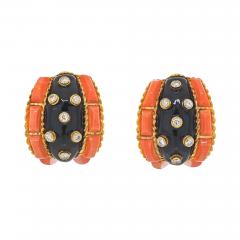 David Webb DAVID WEBB PLATINUM 18K CORAL BLACK ENAMEL AND DIAMOND EARRINGS - 2939913