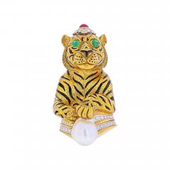 David Webb DAVID WEBB PLATINUM 18K GOLD BLACK STRIPED TIGER WITH EMERALD RUBY PEARL BROOCH - 2030182