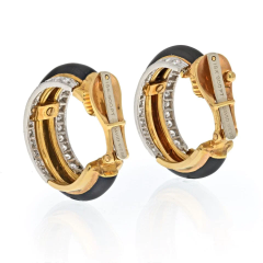 David Webb DAVID WEBB PLATINUM 18K YELLOW GOLD BLACK ENAMEL DIAMOND HOOP EARRINGS - 2713225