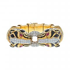 David Webb DAVID WEBB PLATINUM 18K YELLOW GOLD BLACK ENAMEL DOUBLE HEAD LION BRACELET - 2920665