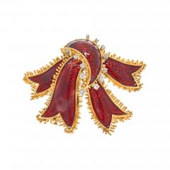 David Webb DAVID WEBB PLATINUM 18K YELLOW GOLD BOW RIBBON RED ENAMEL BROOCH - 3081601