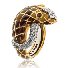 David Webb DAVID WEBB PLATINUM 18K YELLOW GOLD BROWN ENAMEL SNAKE DIAMOND RING - 3707899