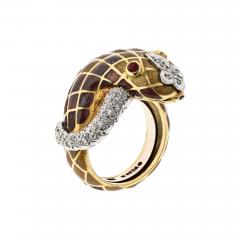 David Webb DAVID WEBB PLATINUM 18K YELLOW GOLD BROWN ENAMEL SNAKE DIAMOND RING - 3709317