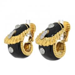 David Webb DAVID WEBB PLATINUM 18K YELLOW GOLD BUCKLE DIAMOND BLACK ENAMEL EARRINGS - 3154999