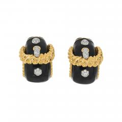 David Webb DAVID WEBB PLATINUM 18K YELLOW GOLD BUCKLE DIAMOND BLACK ENAMEL EARRINGS - 3160660