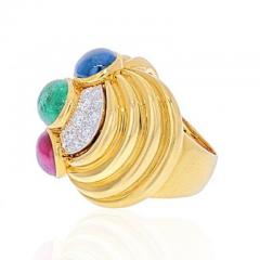 David Webb DAVID WEBB PLATINUM 18K YELLOW GOLD CABOCHON SAPPHIRE EMERALD AND RUBY RING - 1977161