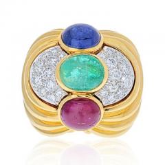 David Webb DAVID WEBB PLATINUM 18K YELLOW GOLD CABOCHON SAPPHIRE EMERALD AND RUBY RING - 1977162