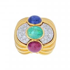 David Webb DAVID WEBB PLATINUM 18K YELLOW GOLD CABOCHON SAPPHIRE EMERALD AND RUBY RING - 1981997