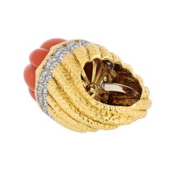 David Webb DAVID WEBB PLATINUM 18K YELLOW GOLD CARVED CORAL DIAMOND RIM RING - 3493009