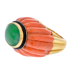 David Webb DAVID WEBB PLATINUM 18K YELLOW GOLD CARVED CORAL JADE AND BLACK ENAMEL RING - 2687910