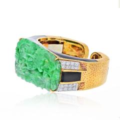 David Webb DAVID WEBB PLATINUM 18K YELLOW GOLD CARVED JADE CUFF BRACELET - 2589486