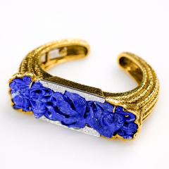 David Webb DAVID WEBB PLATINUM 18K YELLOW GOLD CARVED LAPIS CUFF DIAMOND BRACELET - 2270209