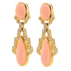 David Webb DAVID WEBB PLATINUM 18K YELLOW GOLD CORAL AND 4 00CTTW DIAMOND DROP EARRINGS - 3492972