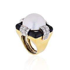 David Webb DAVID WEBB PLATINUM 18K YELLOW GOLD DIAMOND PEARL BLACK ENAMEL BOMBE RING - 1786211