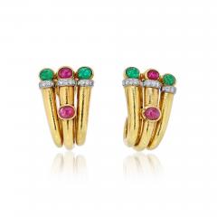 David Webb DAVID WEBB PLATINUM 18K YELLOW GOLD DIAMOND RUBY GREEN EMERALD EARRINGS - 2596299
