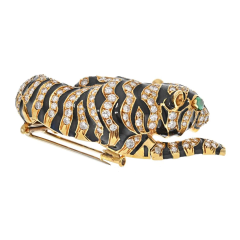 David Webb DAVID WEBB PLATINUM 18K YELLOW GOLD DIAMOND TIGER AND BLACK ENAMEL BROOCH - 2732024