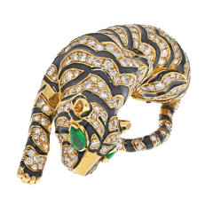 David Webb DAVID WEBB PLATINUM 18K YELLOW GOLD DIAMOND TIGER AND BLACK ENAMEL BROOCH - 2732043