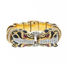 David Webb DAVID WEBB PLATINUM 18K YELLOW GOLD DOUBLE HEAD LION IN BLACK ENAMEL BRACELET - 2920663