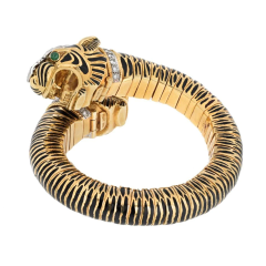 David Webb DAVID WEBB PLATINUM 18K YELLOW GOLD DOUBLE HEAD TIGER BLACK ENAMEL BRACELET - 3356969