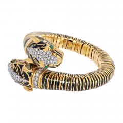 David Webb DAVID WEBB PLATINUM 18K YELLOW GOLD DOUBLE HEAD TIGER BLACK ENAMEL BRACELET - 3359626