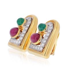 David Webb DAVID WEBB PLATINUM 18K YELLOW GOLD EMERALD RUBY AND DIAMOND CLIP EARRINGS - 2110421