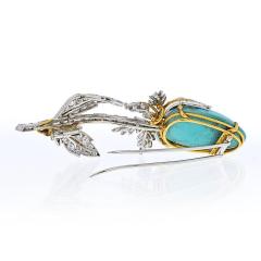 David Webb DAVID WEBB PLATINUM 18K YELLOW GOLD GENUINE TURQUOISE DIAMOND TULIP BROOCH - 2029549