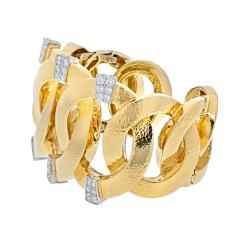 David Webb DAVID WEBB PLATINUM 18K YELLOW GOLD HAMMERED DIAMOND OPEN LINK CUFF BRACELET - 2594952