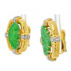 David Webb DAVID WEBB PLATINUM 18K YELLOW GOLD HAMMERED JADE DIAMOND CLIP ON EARRINGS - 2893009