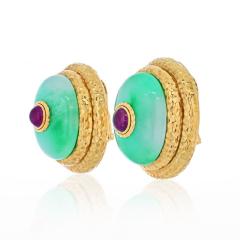David Webb DAVID WEBB PLATINUM 18K YELLOW GOLD LARGE OVERSIZED JADE RUBY CLIP ON EARRINGS - 2421260