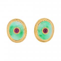 David Webb DAVID WEBB PLATINUM 18K YELLOW GOLD LARGE OVERSIZED JADE RUBY CLIP ON EARRINGS - 2424649