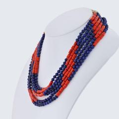 David Webb DAVID WEBB PLATINUM 18K YELLOW GOLD MULTI STRAND LAPIS CORAL NECKLACE - 1809453