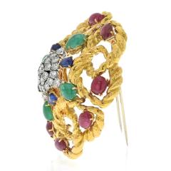 David Webb DAVID WEBB PLATINUM 18K YELLOW GOLD MULTIGEM EMERALD RUBY AND DIAMOND BROOCH - 3334419