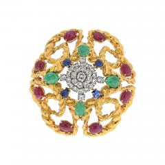 David Webb DAVID WEBB PLATINUM 18K YELLOW GOLD MULTIGEM EMERALD RUBY AND DIAMOND BROOCH - 3341168