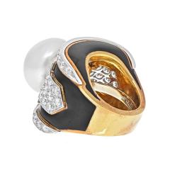 David Webb DAVID WEBB PLATINUM 18K YELLOW GOLD PEARL DIAMOND BLACK ENAMEL RING - 2594925