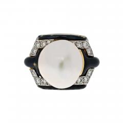 David Webb DAVID WEBB PLATINUM 18K YELLOW GOLD PEARL DIAMOND BLACK ENAMEL RING - 3254705