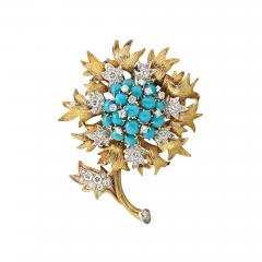 David Webb DAVID WEBB PLATINUM 18K YELLOW GOLD TURQUOISE DIAMOND FLORAL BROOCH - 1818702