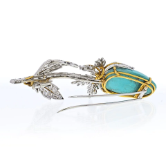 David Webb DAVID WEBB PLATINUM 18K YELLOW GOLD TURQUOISE DIAMOND TULIP BROOCH - 3427480