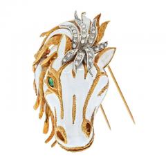 David Webb DAVID WEBB PLATINUM 18K YELLOW GOLD WHITE ENAMEL DIAMOND HORSE FACE BROOCH - 2653807