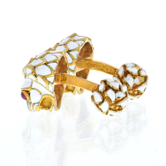 David Webb DAVID WEBB PLATINUM 18K YELLOW GOLD WHITE ENAMEL LION RUBY EYES CUFF LINKS - 3041234