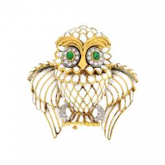 David Webb DAVID WEBB PLATINUM 18K YELLOW GOLD WHITE ENAMEL OWL BROOCH - 1768594
