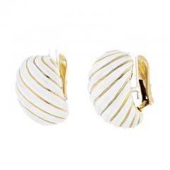 David Webb DAVID WEBB PLATINUM 18K YELLOW GOLD WHITE ENAMEL WAVE CLIP EARRINGS - 3226542