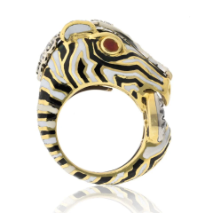 David Webb DAVID WEBB PLATINUM 18K YELLOW GOLD ZEBRA WITH DIAMONDS AND RUBY EYES RING - 3697207