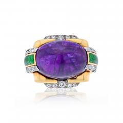 David Webb DAVID WEBB PLATINUM 18K YG OVAL AMETHYST GREEN ENAMEL AND DIAMOND RING - 2596310