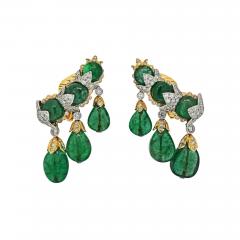 David Webb DAVID WEBB SMOOTH BRIOLETTE CUT GREEN EMERALD CASCADING CLIP DIAMOND EARRINGS - 3137409