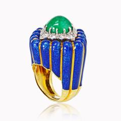 David Webb David Webb 18K Gold Blue Enamel Cabochin Emerald Diamonds Ring - 1665049