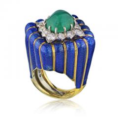David Webb David Webb 18K Gold Blue Enamel Cabochin Emerald Diamonds Ring - 1665050