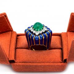 David Webb David Webb 18K Gold Blue Enamel Cabochin Emerald Diamonds Ring - 1665051