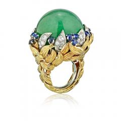 David Webb David Webb 18K Gold Jade Cabochon with Sapphires and Diamonds Ring - 1664811