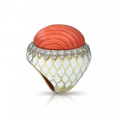 David Webb David Webb 18K Gold Large Fluted Coral White Enamel Ring - 1666024